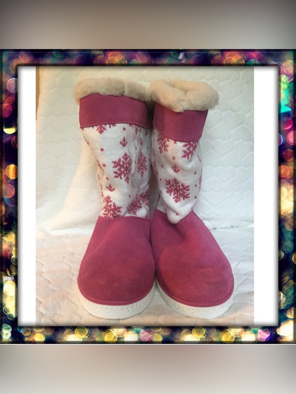 {BearPaw} Pink Snowflake Knit Winter Boots